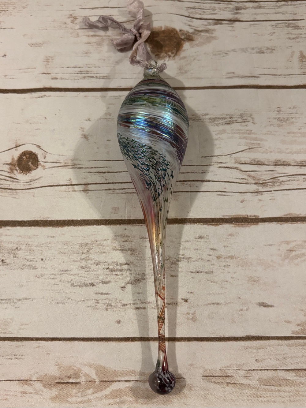 Tracy Weisel 2009 9.5” Studio Art Glass Teardrop Iridescent Ornament Signed